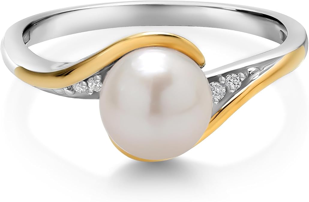 Gem Stone King Cultured Freshwater Pearl & Lab Grown Diamond Ring