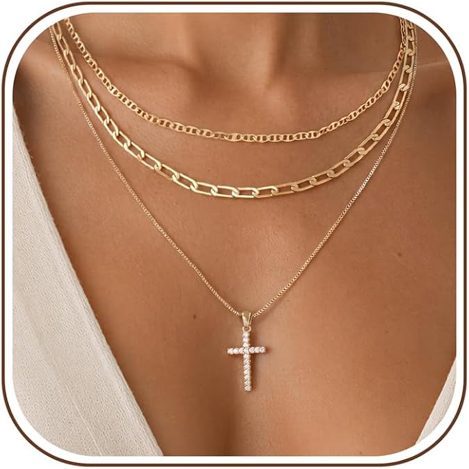 Tungary Cross Necklaces for Women 14K Gold Plated Layered Necklace Stack