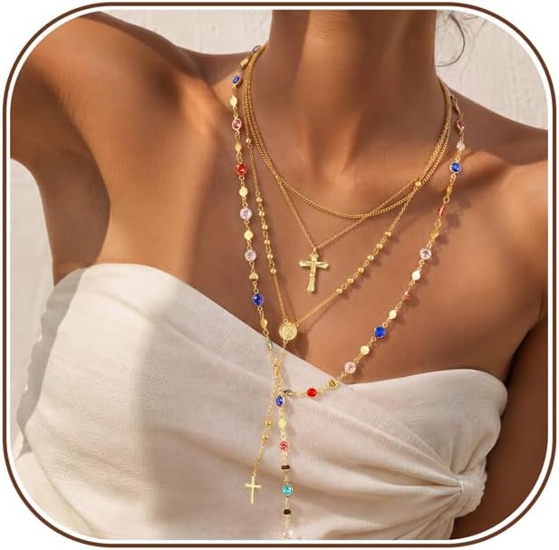 Tungary Cross Necklaces for Women 14K Gold Plated Layered Necklace Stack