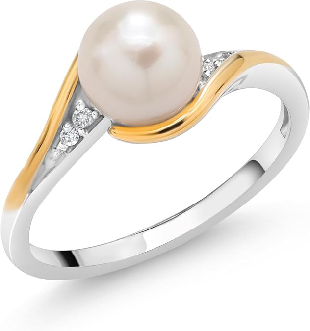 Gem Stone King Cultured Freshwater Pearl & Lab Grown Diamond Ring