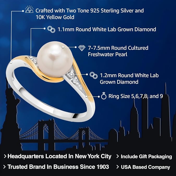 Gem Stone King Cultured Freshwater Pearl & Lab Grown Diamond Ring