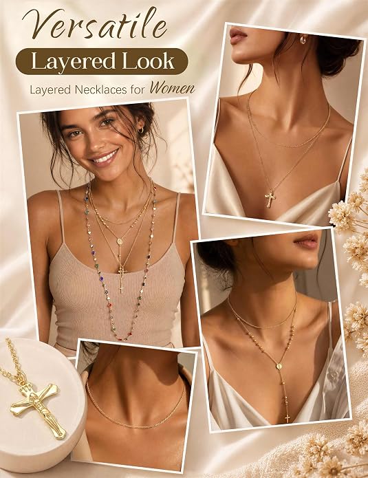 Tungary Cross Necklaces for Women 14K Gold Plated Layered Necklace Stack