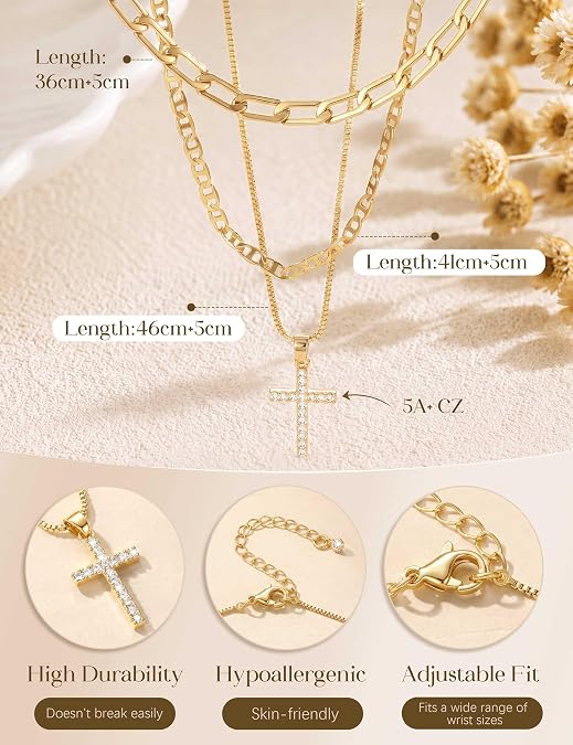 Tungary Cross Necklaces for Women 14K Gold Plated Layered Necklace Stack