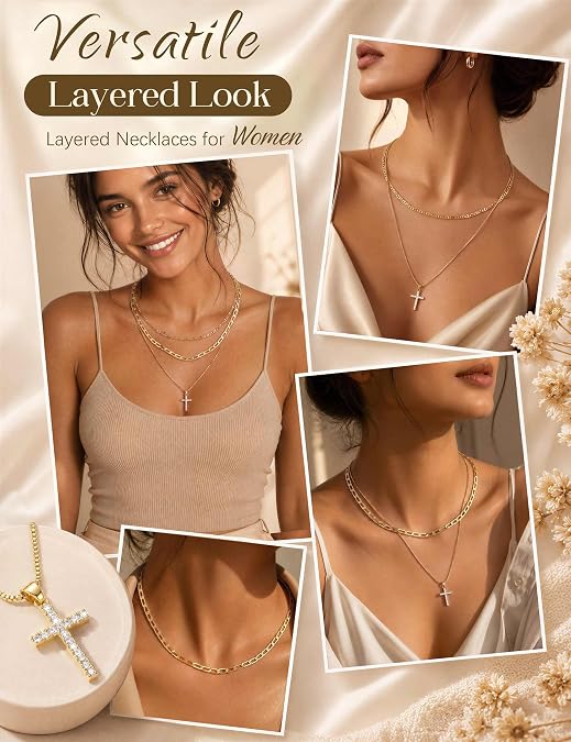 Tungary Cross Necklaces for Women 14K Gold Plated Layered Necklace Stack