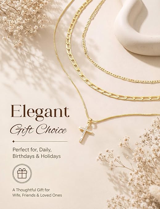 Tungary Cross Necklaces for Women 14K Gold Plated Layered Necklace Stack